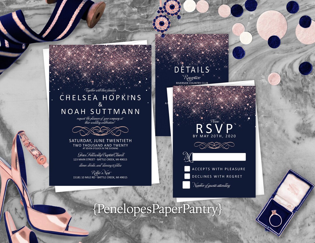 Navy and Pink Summer Wedding Invitation,personalized,navy and Pink ...