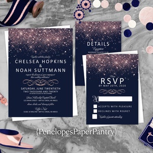 Navy and Pink Summer Wedding Invitation,Personalized,Navy and Pink Invite,Navy,Pink Glitter Print,Shimmery Invite,Envelope Included,Printed