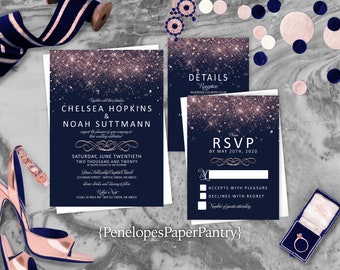 Navy and Pink Summer Wedding Invitation,Personalized,Navy and Pink Invite,Navy,Pink Glitter Print,Shimmery Invite,Envelope Included,Printed