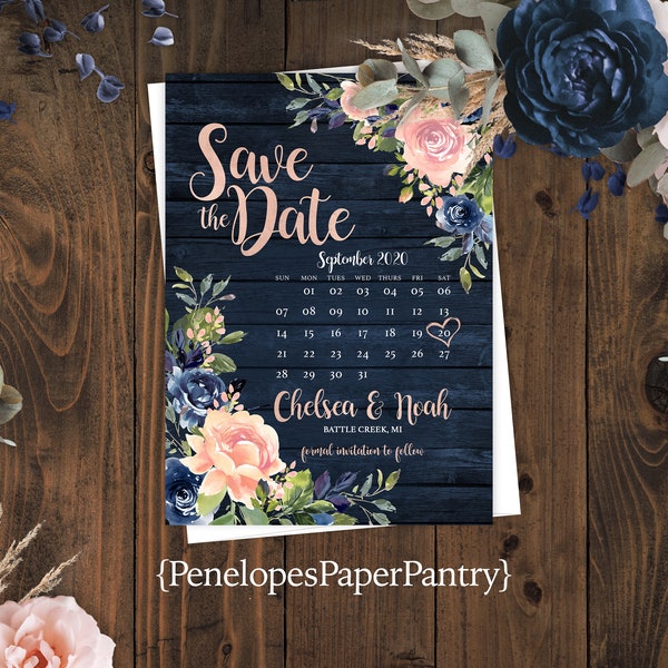 Rustic,Summer Wedding,Save The Date,Calendar Card,Navy Blue,Blush,Roses,Rose Gold,Navy Barn Wood,Shimmery,Personalize,Printed Card,Envelope