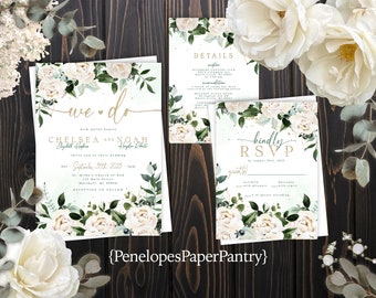White Rose Floral Wedding Invitation,Personalized,Summer Wedding Invite,White Roses,Eucalyptus,Gold Glitter Print,Envelope Included,Printed