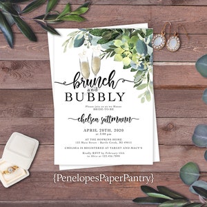 Brunch and Bubbly Bridal Shower Invitation,Champagne Flutes,Calligraphy,Gold Print,Shimmery Invitation,Personalize,Envelope Included,Printed