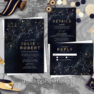 Elegant Navy and Gold Celestial Wedding Invitation,Stars,Starry Sky,Night Sky,Gold Print,Shimmery,Custom,Printed Invitation,Envelope