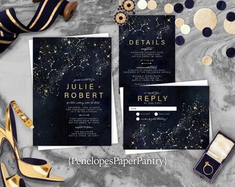 Elegant Navy and Gold Celestial Wedding Invitation,Celestial Wedding Invite,Constellations,Stars,Night Sky,Gold Print,Shimmery Invitation