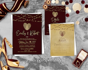 Personalized Thumbprint Wedding Invitation,Burgundy and Gold,Thumbprint Heart,Fairy Heart Lights,Shimmery,Envelope Included,Printed Invite