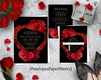 Red Rose Heart Wedding Invitation Set, Gold Calligraphy Print, Personalized and Printed with Envelopes