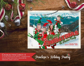 Funny Christmas Family Group Photo Card,Skiing Elves,Elves On A Ski Lift,Snow,Mountains,Personalize,Return Address Label,Envelope