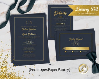 Luxury Navy and Gold Foil Wedding Invitation,Navy and Gold Wedding Invite,Gold Foil Print,Personalize,Printed Invitation,Envelope Included