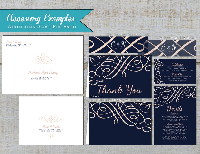 Chic Navy and Rose Gold Summer Wedding Invitation,Navy Blue,Rose Gold,Calligraphy,Shimmery,Personalize,Printed Invitation,Wedding Set