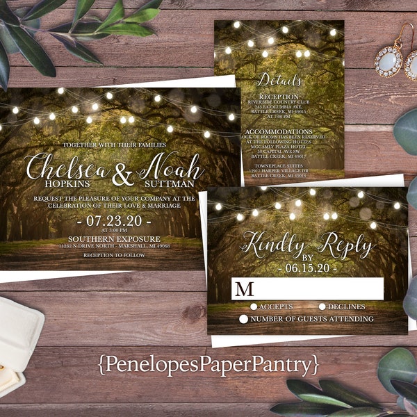 Rustic Fall Wedding Invitation,Rustic Fall Wedding Invite,Forest Theme,Enchanted Forest,Glowing Fairy Lights,Envelope Included,Custom Invite