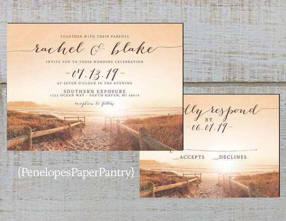 romantic beach wedding invitationsunsetsandy beachlake etsy elegant beach wedding invitations