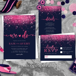 Fun Navy and Hot Pink Summer Wedding Invitation Personalized Pink Glitter Print We Do Shimmery Printed Invitations Envelopes Included Unique