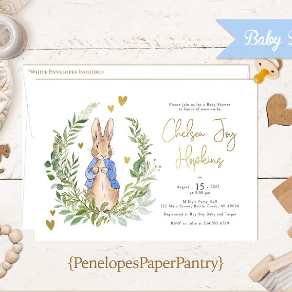 Peter Rabbit Baby Shower Invitation,Peter Rabbit Baby Shower Invite,Peter Rabbit Invite,Gold Foil Hearts,Gold Calligraphy,Envelopes Included