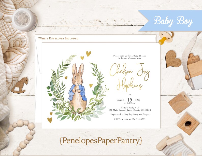 Peter Rabbit Baby Shower InvitationPeter Rabbit Baby Shower InvitePeter Rabbit InviteGold Foil HeartsGold