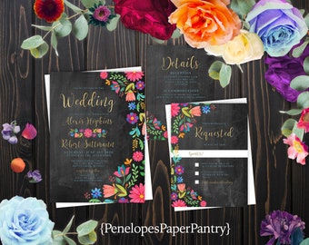 Mexican Fiesta Floral Wedding Invitation,Chalkboard,Mexican Flowers,Bright,Colorful,Gold Print,Shimmery,Printed Invitation,Wedding Set