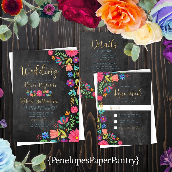 Mexican Fiesta Floral Wedding Invitation,Chalkboard,Mexican Flowers,Bright,Colorful,Gold Print,Shimmery,Printed Invitation,Wedding Set