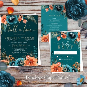 Teal Fall Wedding Invitation,Fall Wedding Invite,Teal Rose,Burnt Orange Rose,Fall In Love,Calligraphy,Shimmery,Personalize,Printed,Envelope