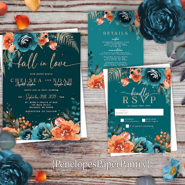 Teal Fall Wedding Invitation,Fall Wedding Invite,Teal Rose,Burnt Orange Rose,Fall In Love,Calligraphy,Shimmery,Personalize,Printed,Envelope