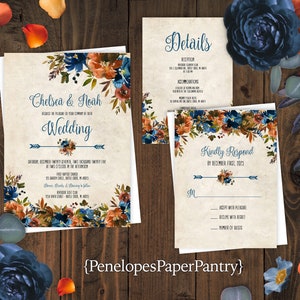 Rustic,Turquoise,Burnt Orange,Floral,Fall Wedding Invitation,Fall Wedding Invite,Floral Arrow,Parchment,Personalize,Printed Invitation