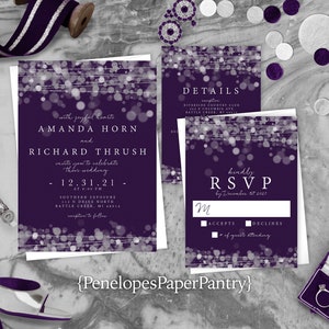 Elegant Purple Wedding Invitation,Purple Wedding Invite,Purple and Silver,Wedding Invite,Glowing Lights,Silver Print,Shimmery Invitation