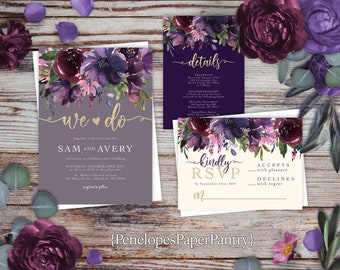 Dusty Purple,Floral,Summer Wedding Invitation,Summer Wedding Invite,Purple,Ivory,Gold Print,Shimmery,Personalize,Printed Invitation,Envelope