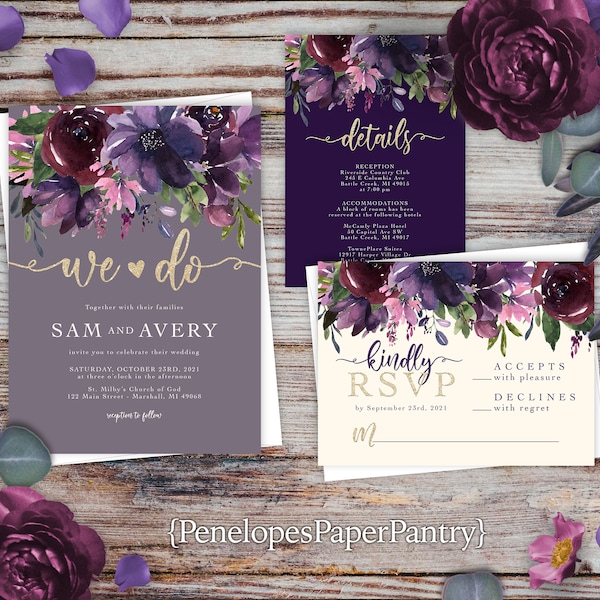 Dusty Purple,Floral,Summer Wedding Invitation,Summer Wedding Invite,Purple,Ivory,Gold Print,Shimmery,Personalize,Printed Invitation,Envelope