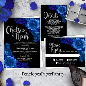 Elegant Royal Blue Rose Wedding Invitation Personalized Silver Calligraphy Shimmery Custom Text Printed Invitations Envelopes Included Chic