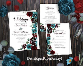 Fall Wedding Invitation,Burgundy Floral Wedding Invite,Fall Wedding Invite,Burgundy,Teal,Shimmery Invitation,Envelopes Included,Personalize