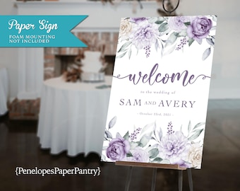Wedding Welcome Sign: Purple Florals, Personalized, Printed