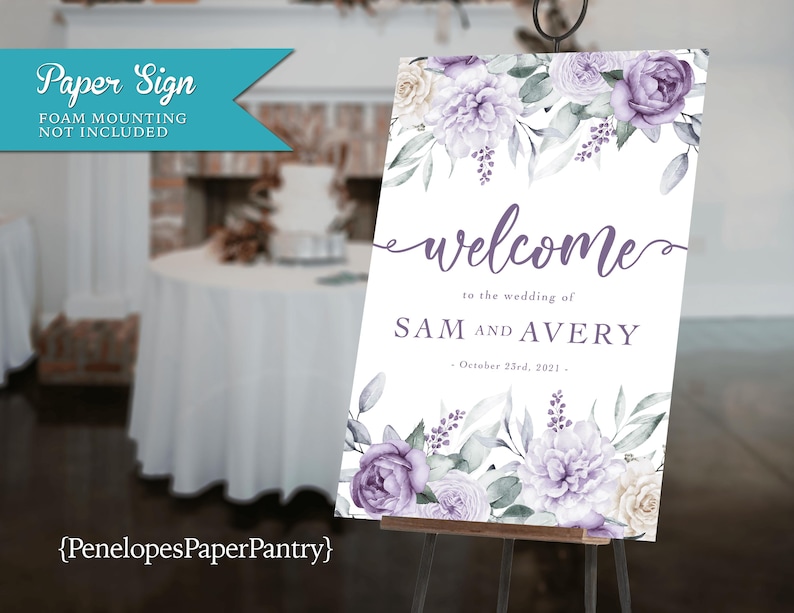 Purple-themed wedding ceremony supplies - Purple and lavender wedding welcome sign
