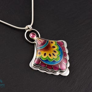Fulcolor fan shaped design, sterling silver pendant, cloisonne enameled jewelry, handmade jewelry