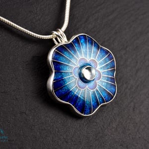 Vibrant blue flower, sterling silver pendant, cloisonne enameled jewelry, handmade jewelry, wearable art
