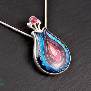 Vibrant color, folk motif flower, sterling silver pendant, cloisonne enameled jewelry, handmade jewelry, wearable art