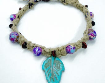 Handcrafted beach anklet, tribal anklet, hemp anklet, turquoise leaf, galaxy jasper sediment beads
