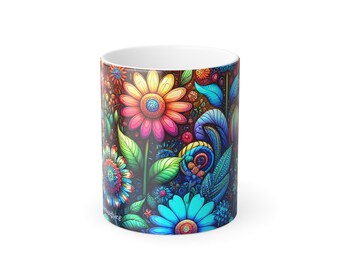 Color Changing Flower Mug, Hippie Mug, 11oz, Boho Coffee Cup, Heat Sensitive Mug, Cozy Kitchen Decor, Gift for Flower Lovers