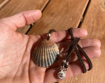 Earthy brown and gray pendant necklace, fine silver wire, brown leather suede cord, outer banks of North Carolina seashell, boho hippie