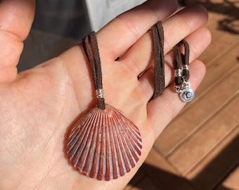 seashell pendant necklace, fine silver wire, brown leather suede cord, outer banks of North Carolina seashell, beach necklace, boho hippie