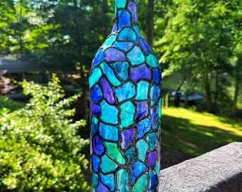 Seaglass faux stained glass lighted bottle, blue and purple, turquoise, painted bottle