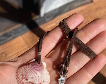 Pink purple seashell pendant necklace, fine silver wire, brown leather suede cord, outer banks of North Carolina seashell, beac, boho hippie
