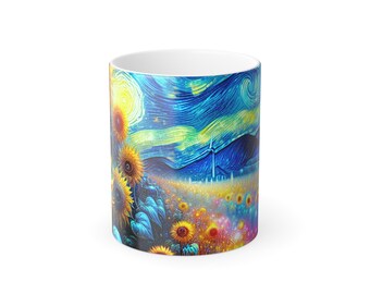 Color Changing Mug, Galatic Starry Night Sunflower Field, Van Gogh Lover's Mug, Heat Sensitive Mug, 11oz Mug, Coffee Mug Gift
