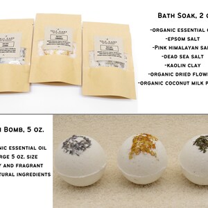 May include: Three brown paper pouches containing bath salts with labels reading Self Care by SD Goddess, alongside text listing ingredients like organic essential oil, Epsom salt, and Himalayan salt. Three white spherical bath bombs with dried floral toppings.