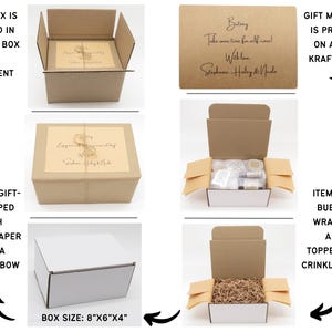 May include: A brown cardboard gift box measuring 8x6x4 inches, wrapped in kraft paper with a twine bow. Includes a 5x7 inch kraft card with printed text, bubble-wrapped items, and crinkle paper filler inside a white box for secure packaging.