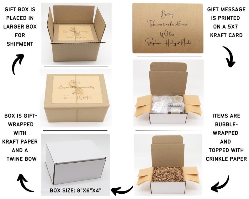 May include: A brown cardboard gift box measuring 8x6x4 inches, wrapped in kraft paper with a twine bow. Includes a 5x7 inch kraft card with printed text, bubble-wrapped items, and crinkle paper filler inside a white box for secure packaging.
