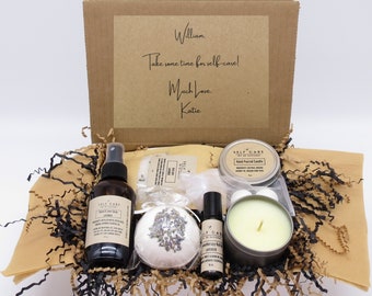 Mens Self Care Box / Relaxation Spa Kit with Body Balm Candle / Handmade Gift for Men