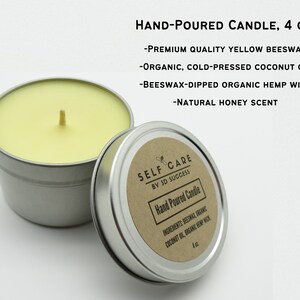 May include: A 4 oz. hand-poured yellow beeswax candle in a silver metal tin. The lid features a label reading SELF CARE BY 3D SUCCESS, Hand Poured Candle, and lists ingredients including beeswax, organic coconut oil, and organic hemp wick.