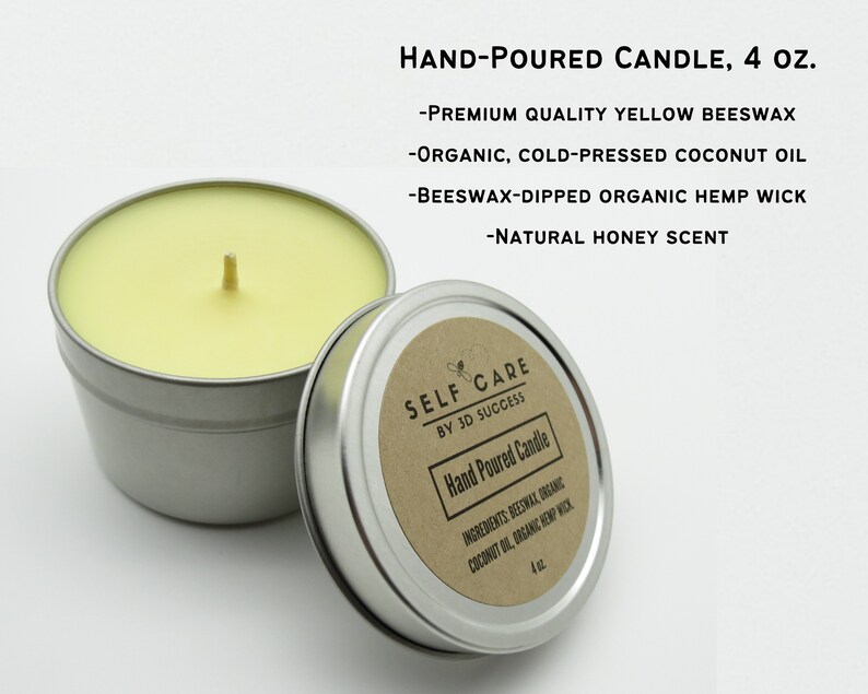May include: A 4 oz. hand-poured yellow beeswax candle in a silver metal tin. The lid features a label reading SELF CARE BY 3D SUCCESS, Hand Poured Candle, and lists ingredients including beeswax, organic coconut oil, and organic hemp wick.