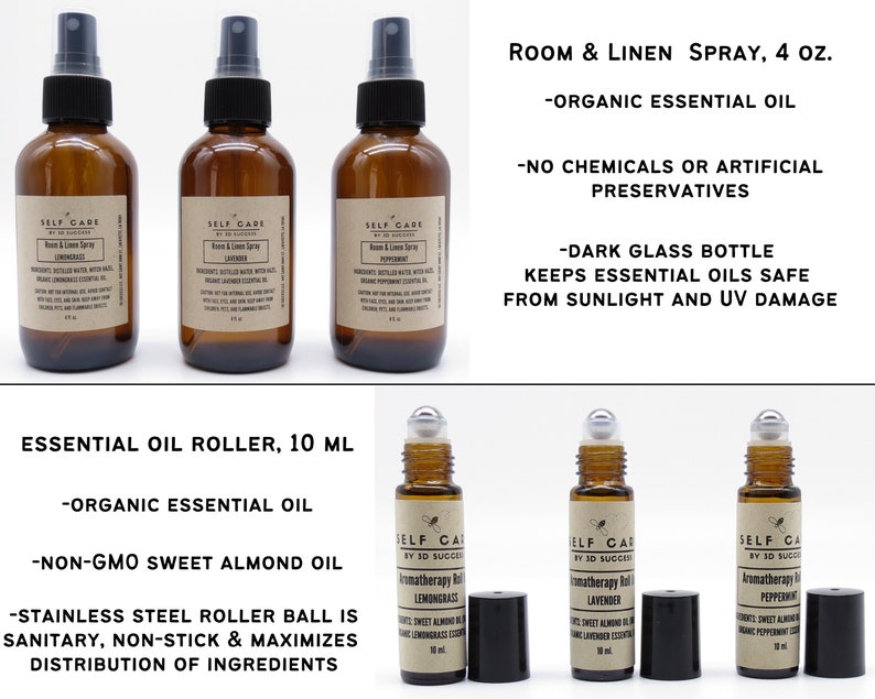 May include: Three amber glass bottles with brown labels and black caps. The labels read "SELF CARE" and "Room & Linen Spray". The bottles are arranged in a row. Below the bottles, three amber glass roller bottles with black caps and labels that read "SELF CARE" and "Aromatherapy Roll" are arranged in a row. The labels also list the scent of each roller bottle: Lemongrass, Lavender, and Peppermint.