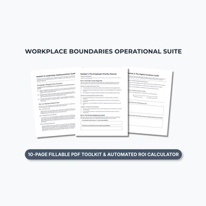 May include: A Workplace Boundaries Operational Suite document set featuring three white pages with black text. The pages are titled Module 3: Leadership Implementation Guide, The Employee Priority Planner, and The Digital Sundown Audit. A 10-page fillable PDF toolkit and automated ROI calculator label is included.