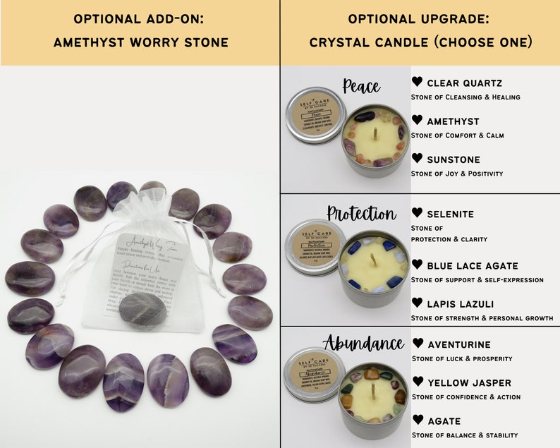 May include: Amethyst worry stones in a white organza bag. The bag is surrounded by 15 amethyst worry stones. The stones are a light purple colour with white streaks. The stones are arranged in a circle around the bag. The bag has a small tag that says "Amethyst Worry Stone".