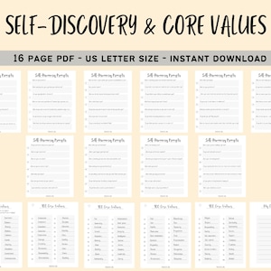 Self-Discovery Questions for Personal Growth / Core Values List / Printable Self-Reflection Worksheets